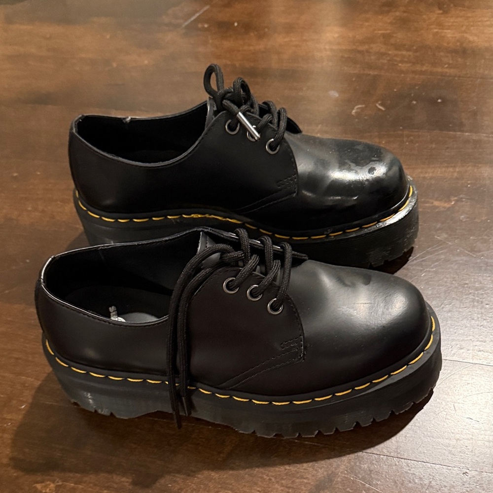 Dr. Martens 1461 Black Leather Platform Oxfords with Yellow Stitching